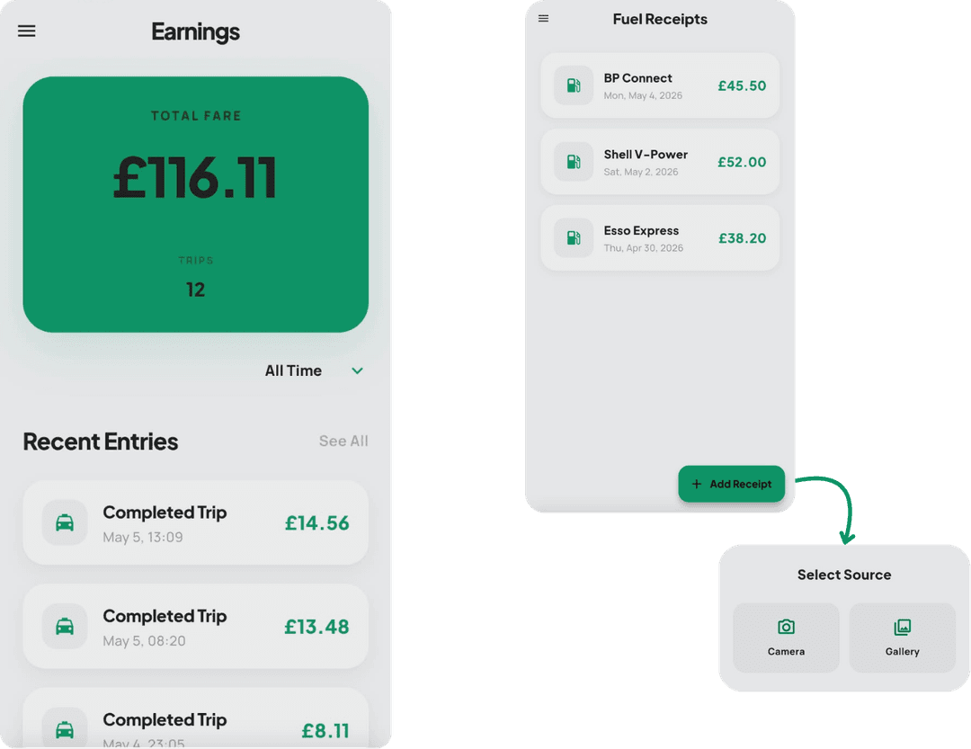 Cabree Driver App financial dashboard with earnings breakdown