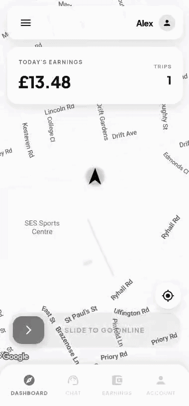Cabree Driver App interface showing real-time job management and navigation